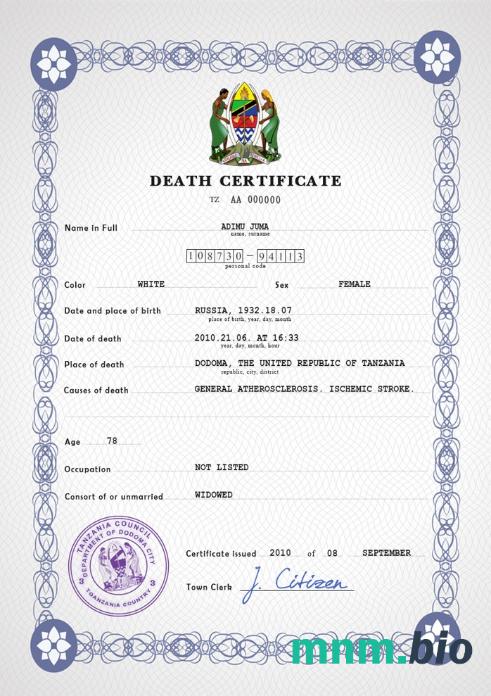 Tanzania rekord życiowy śmierć certyfikat PSD szablon